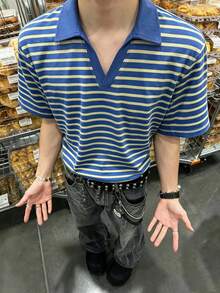 Resyla Men 男士藍黃條紋 Polo 衫，經典航海風，美式復古，韓系 Cleanfit 極簡，日系休閒青年風，適合喜好基礎疊穿與簡約風格的男士，完美適用於城市旅行、車拍、日常通勤、校園穿搭等 - 彩色 - 查看 4