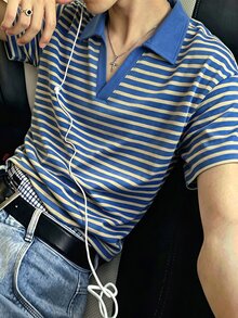 Resyla Men 男士藍黃條紋 Polo 衫，經典航海風，美式復古，韓系 Cleanfit 極簡，日系休閒青年風，適合喜好基礎疊穿與簡約風格的男士，完美適用於城市旅行、車拍、日常通勤、校園穿搭等 - 彩色 - 查看 3