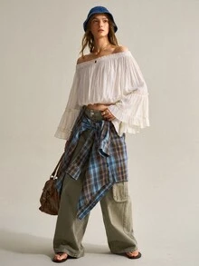 SHEIN Women's Spring/Autumn New Bohemian Romantic Vacation Apricot Textured Cold Shoulder Double-Layer Ruffle Bell Sleeve Cropped Top, Lightweight Textured Fabric, Cold Shoulder Elastic Ruffle Edge Design To Show Cold Shoulder Line, Elastic Hem For Cropped Fit, Versatile Romantic Boho And French Style Top - Apricot - View 3