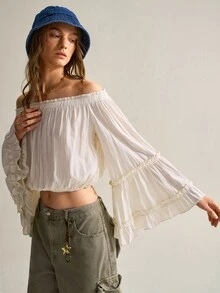 SHEIN Women's Spring/Autumn New Bohemian Romantic Vacation Apricot Textured Cold Shoulder Double-Layer Ruffle Bell Sleeve Cropped Top, Lightweight Textured Fabric, Cold Shoulder Elastic Ruffle Edge Design To Show Cold Shoulder Line, Elastic Hem For Cropped Fit, Versatile Romantic Boho And French Style Top - Apricot - View 6