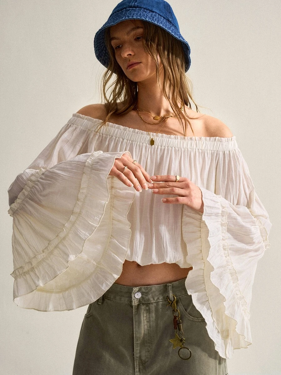 SHEIN Women's Spring/Autumn New Bohemian Romantic Vacation Apricot Textured Cold Shoulder Double-Layer Ruffle Bell Sleeve Cropped Top, Lightweight Textured Fabric, Cold Shoulder Elastic Ruffle Edge Design To Show Cold Shoulder Line, Elastic Hem For Cropped Fit, Versatile Romantic Boho And French Style Top - Apricot - View 1