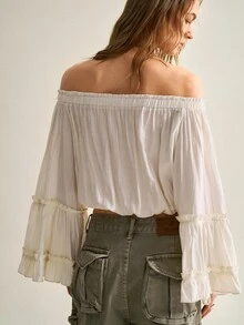 SHEIN Women's Spring/Autumn New Bohemian Romantic Vacation Apricot Textured Cold Shoulder Double-Layer Ruffle Bell Sleeve Cropped Top, Lightweight Textured Fabric, Cold Shoulder Elastic Ruffle Edge Design To Show Cold Shoulder Line, Elastic Hem For Cropped Fit, Versatile Romantic Boho And French Style Top - Apricot - View 2