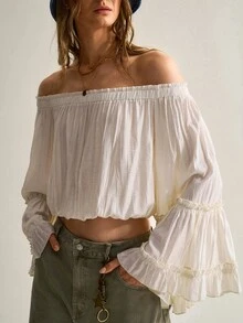 SHEIN Women's Spring/Autumn New Bohemian Romantic Vacation Apricot Textured Cold Shoulder Double-Layer Ruffle Bell Sleeve Cropped Top, Lightweight Textured Fabric, Cold Shoulder Elastic Ruffle Edge Design To Show Cold Shoulder Line, Elastic Hem For Cropped Fit, Versatile Romantic Boho And French Style Top - Apricot - View 5