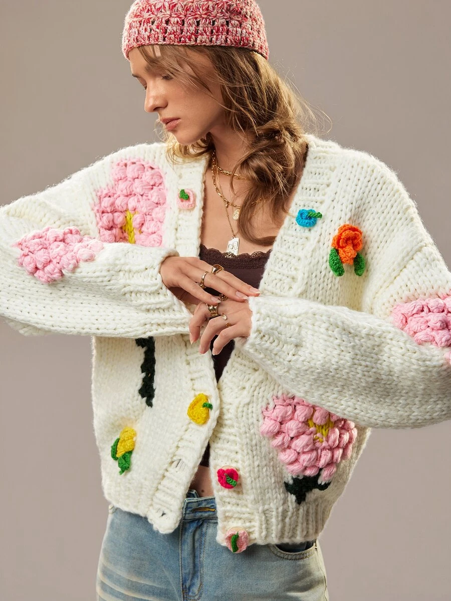 SoleilVie Women's Sweet Delicate 3D Embroidered Knit Cardigan - Beige - View 1