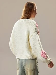 SoleilVie Women's Sweet Delicate 3D Embroidered Knit Cardigan - Beige - View 2