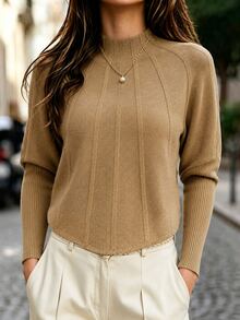 SHEIN French Gentle Style Vertical Ribbed High Neck Knit Sweater, Loose Batwing Sleeve Cropped Versatile Camel Pullover Brunch Work Autumn Casual - Camel - View 4
