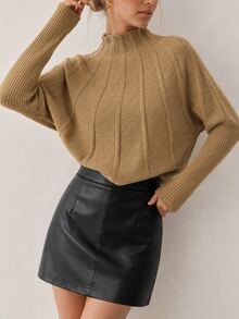 SHEIN French Gentle Style Vertical Ribbed High Neck Knit Sweater, Loose Batwing Sleeve Cropped Versatile Camel Pullover Brunch Work Autumn Casual - Camel - View 1