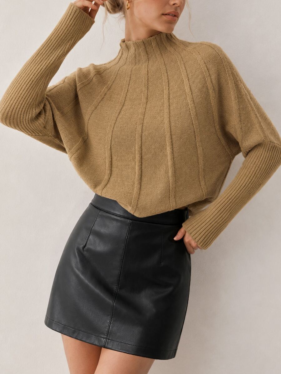 SHEIN French Gentle Style Vertical Ribbed High Neck Knit Sweater, Loose Batwing Sleeve Cropped Versatile Camel Pullover Brunch Work Autumn Casual - Camel - View 1