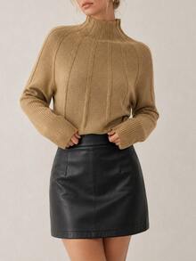 SHEIN French Gentle Style Vertical Ribbed High Neck Knit Sweater, Loose Batwing Sleeve Cropped Versatile Camel Pullover Brunch Work Autumn Casual - Camel - View 9