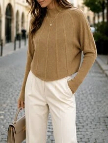 SHEIN French Gentle Style Vertical Ribbed High Neck Knit Sweater, Loose Batwing Sleeve Cropped Versatile Camel Pullover Brunch Work Autumn Casual - Camel - View 13