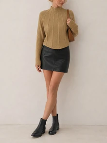 SHEIN French Gentle Style Vertical Ribbed High Neck Knit Sweater, Loose Batwing Sleeve Cropped Versatile Camel Pullover Brunch Work Autumn Casual - Camel - View 10