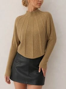 SHEIN French Gentle Style Vertical Ribbed High Neck Knit Sweater, Loose Batwing Sleeve Cropped Versatile Camel Pullover Brunch Work Autumn Casual - Camel - View 7