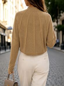 SHEIN French Gentle Style Vertical Ribbed High Neck Knit Sweater, Loose Batwing Sleeve Cropped Versatile Camel Pullover Brunch Work Autumn Casual - Camel - View 2