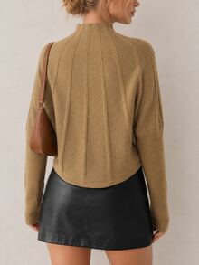 SHEIN French Gentle Style Vertical Ribbed High Neck Knit Sweater, Loose Batwing Sleeve Cropped Versatile Camel Pullover Brunch Work Autumn Casual - Camel - View 5