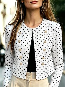 SHEIN Holidaya 女款秋冬圓領正肩長袖基本版型法式優雅復古黑白波點拿破崙夾克辦公穿搭 - 黑與白 - 查看 5