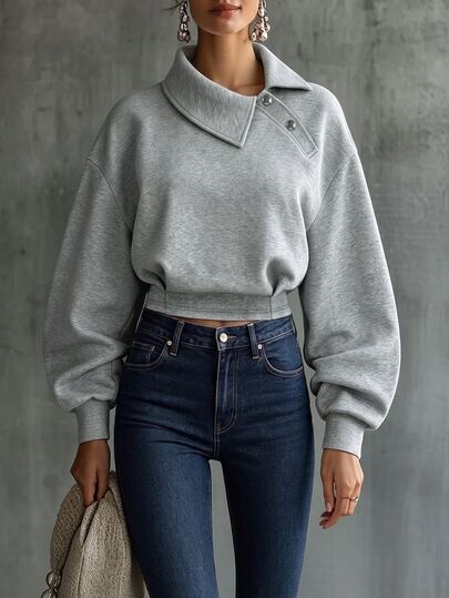 SHEIN Women's Fall Grey Asymmetric Collar Crop Sweatshirt, Single-Button Drop Shoulder Lantern Sleeve Top, Chic Occasion Wear For Daily Casual Vacation,