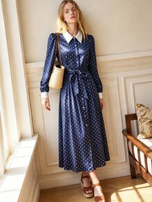Écloséra Women's Polka Dot Pattern Long Sleeve Single-Breasted Elegant Shirt Dress - Navy Blue - View 2
