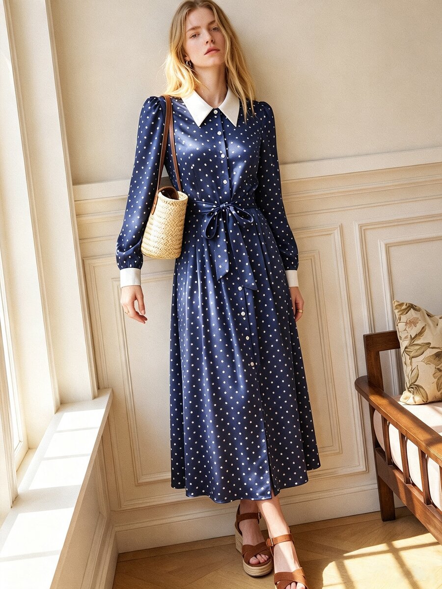 Écloséra Women's Polka Dot Pattern Long Sleeve Single-Breasted Elegant Shirt Dress