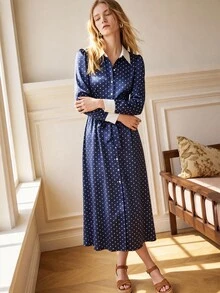 Écloséra Women's Polka Dot Pattern Long Sleeve Single-Breasted Elegant Shirt Dress - Navy Blue - View 5