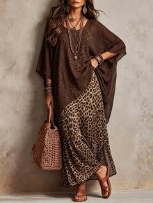 SHEIN Women's Elegant Vintage Leopard Print Dress, Slouchy Design Dress Set - Brown - View 6