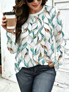 Breezaya Women's Plus Size Casual Top With Leisure Pattern, Long Sleeves, Minimalist Design, Green Color, Fla Fall - Multicolor - View 1