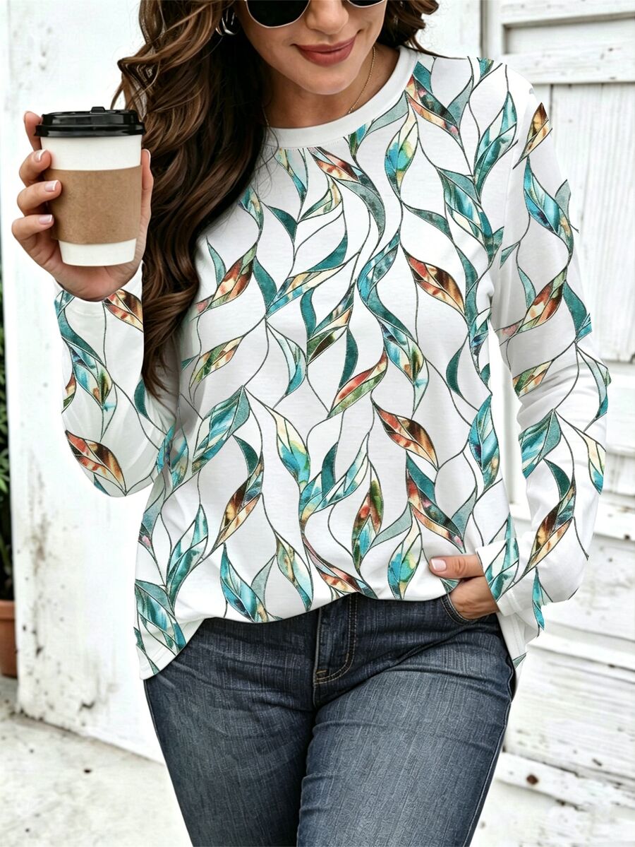 Breezaya Women's Plus Size Casual Top With Leisure Pattern, Long Sleeves, Minimalist Design, Green Color, Fla Fall - Multicolor - View 1