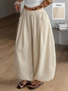Coolane Women's Solid Color Elastic Waist Casual Versatile Daily Wear Long Pants - Light Yellow - View 1