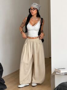 Coolane Women's Solid Color Elastic Waist Casual Versatile Daily Wear Long Pants - Light Yellow - View 2