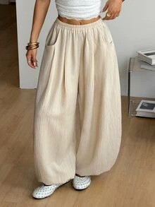 Coolane Women's Solid Color Elastic Waist Casual Versatile Daily Wear Long Pants - Light Yellow - View 5