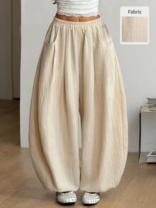 Coolane Women's Solid Color Elastic Waist Casual Versatile Daily Wear Long Pants - Light Yellow - View 3