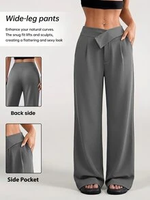 SHEIN PariChic Women's Casual Versatile Pleated Pocket Sports Long Pants - Grey - View 2