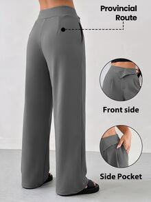 SHEIN PariChic Women's Casual Versatile Pleated Pocket Sports Long Pants - Grey - View 1
