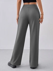 SHEIN PariChic Women's Casual Versatile Pleated Pocket Sports Long Pants - Grey - View 4