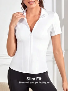 Eassivo Eassivo Women's Letter Print Contrast Mesh Short Sleeve Sports Jacket - White - View 6