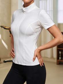 Eassivo Eassivo Women's Letter Print Contrast Mesh Short Sleeve Sports Jacket - White - View 4