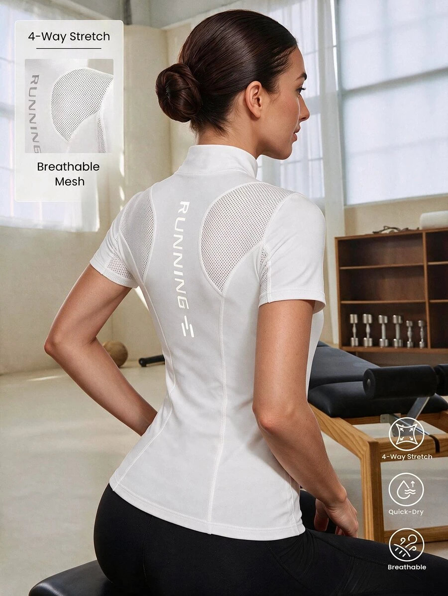 Eassivo Eassivo Women's Letter Print Contrast Mesh Short Sleeve Sports Jacket - White - View 1