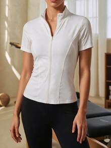 Eassivo Eassivo Women's Letter Print Contrast Mesh Short Sleeve Sports Jacket - White - View 3