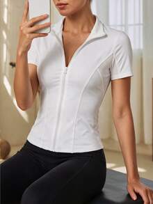 Eassivo Eassivo Women's Letter Print Contrast Mesh Short Sleeve Sports Jacket - White - View 2