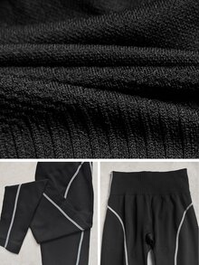 SHEIN Sports 1件装黑白撞色条纹图案七分运动紧身裤瑜伽女裤打底裤 - 黑與白 - 查看 6