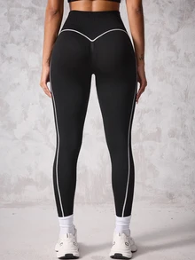 SHEIN Sports 1件装黑白撞色条纹图案七分运动紧身裤瑜伽女裤打底裤 - 黑與白 - 查看 9