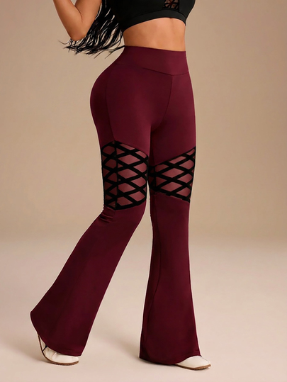 SHEIN Sports سروال رياضي نسائي لليوجا والجمباز الخارجي، سروال ضيق مع رقعة شبكية ماسية