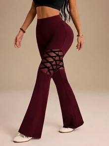 SHEIN Sports 女款運動瑜伽戶外健身緊身褲，鑽石格紋網布拼接設計 - 酒紅色 - 查看 7