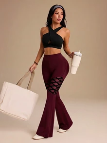 SHEIN Sports 女款運動瑜伽戶外健身緊身褲，鑽石格紋網布拼接設計 - 酒紅色 - 查看 8