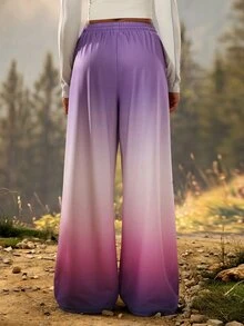 Exploreva 漸層抽繩腰寬腿運動長褲 - 紫色 - 查看 2