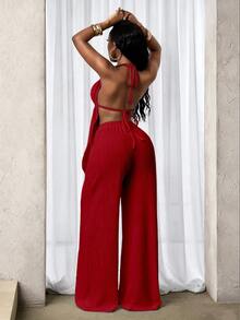 BamGleam New Sexy And Fashionable Neck Hanging Strap Texture Fabric Shorts Two Pieces Set - Burgundy - View 3