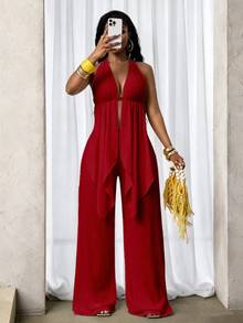 BamGleam New Sexy And Fashionable Neck Hanging Strap Texture Fabric Shorts Two Pieces Set - Burgundy - View 7