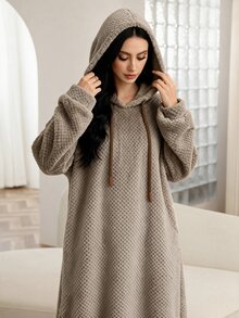 Rue Lumi Women Hooded Fleece Loungewear Dress Waffle Popcorn Texture Drawstring Long Sleeve Oversized Warm Ankle Length Casual Home Nightgown Fall Winter - Khaki - View 9
