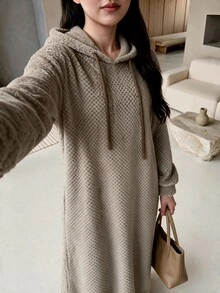 Rue Lumi Women Hooded Fleece Loungewear Dress Waffle Popcorn Texture Drawstring Long Sleeve Oversized Warm Ankle Length Casual Home Nightgown Fall Winter - Khaki - View 8