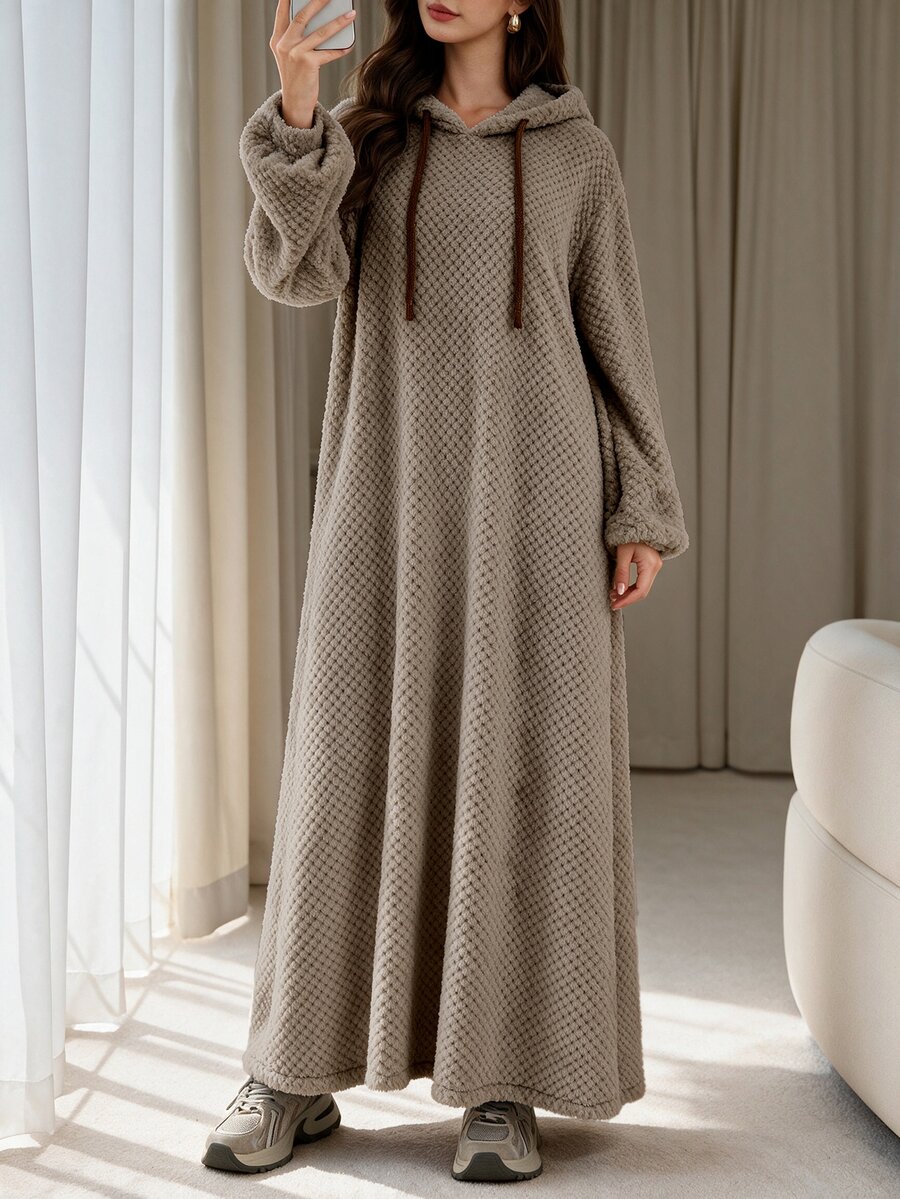 Rue Lumi Women Hooded Fleece Loungewear Dress Waffle Popcorn Texture Drawstring Long Sleeve Oversized Warm Ankle Length Casual Home Nightgown Fall Winter