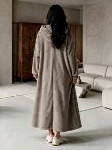 Rue Lumi Women Hooded Fleece Loungewear Dress Waffle Popcorn Texture Drawstring Long Sleeve Oversized Warm Ankle Length Casual Home Nightgown Fall Winter - Khaki - View 3